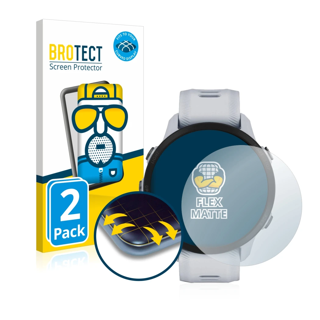 Face avant d’un emballage produit avec le logo de la marque BROTECT. À côté, l’appareil Garmin Forerunner 955 Solar est représ