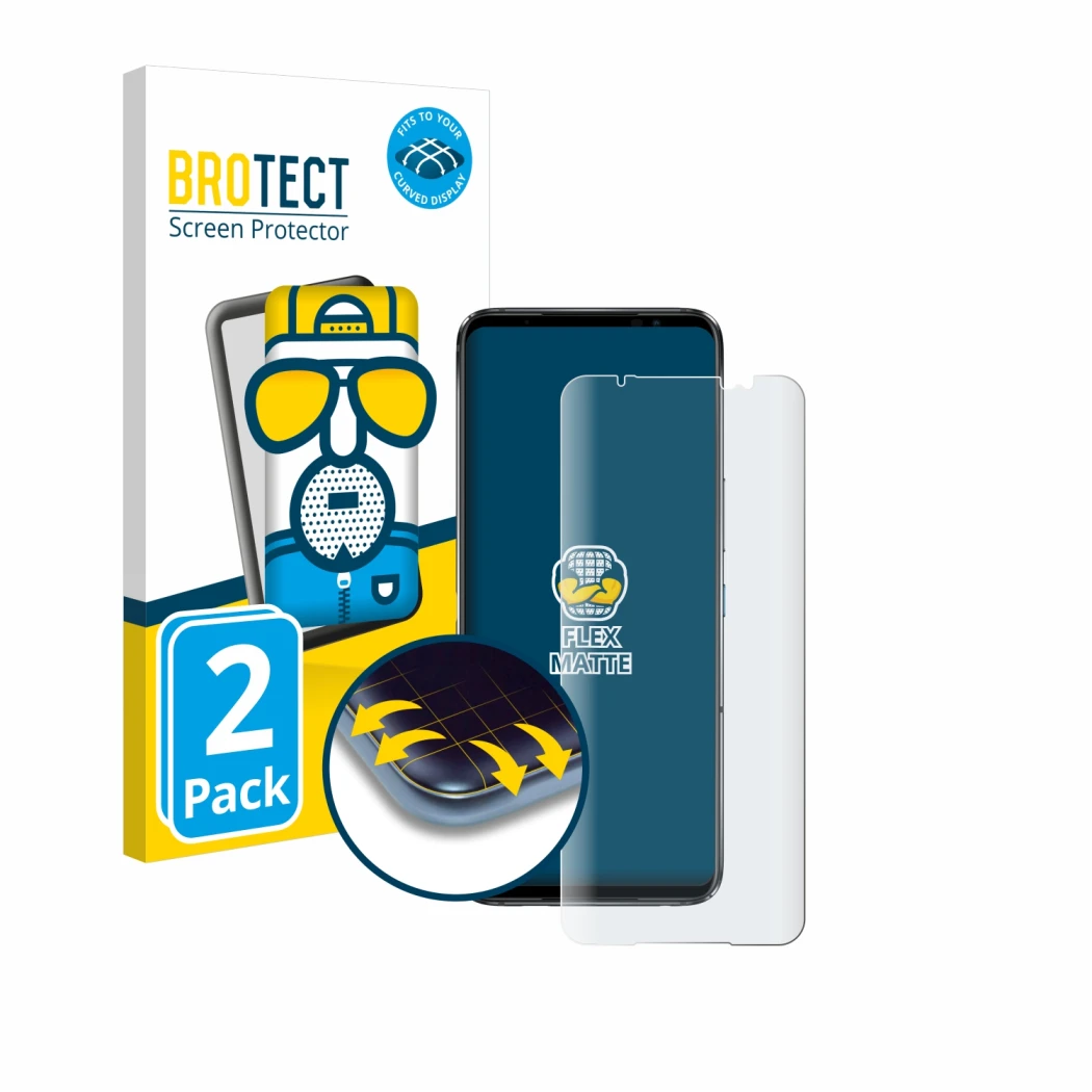 Face avant d’un emballage produit avec le logo de la marque BROTECT. À côté, l’appareil ASUS ROG Phone 6 Pro est représenté av