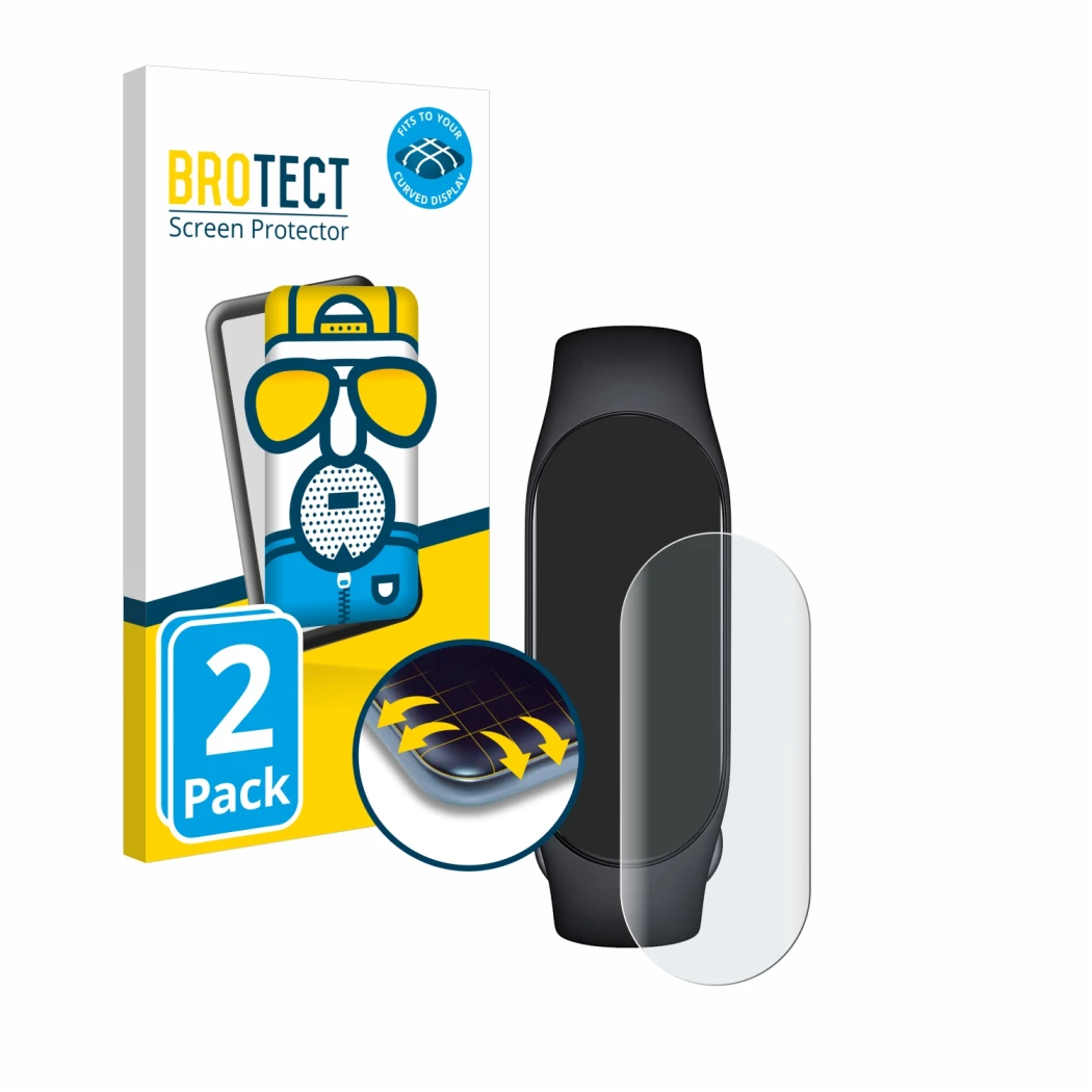 Face avant d’un emballage produit avec le logo de la marque BROTECT. À côté, l’appareil Xiaomi Smart Band 7 est représenté ave