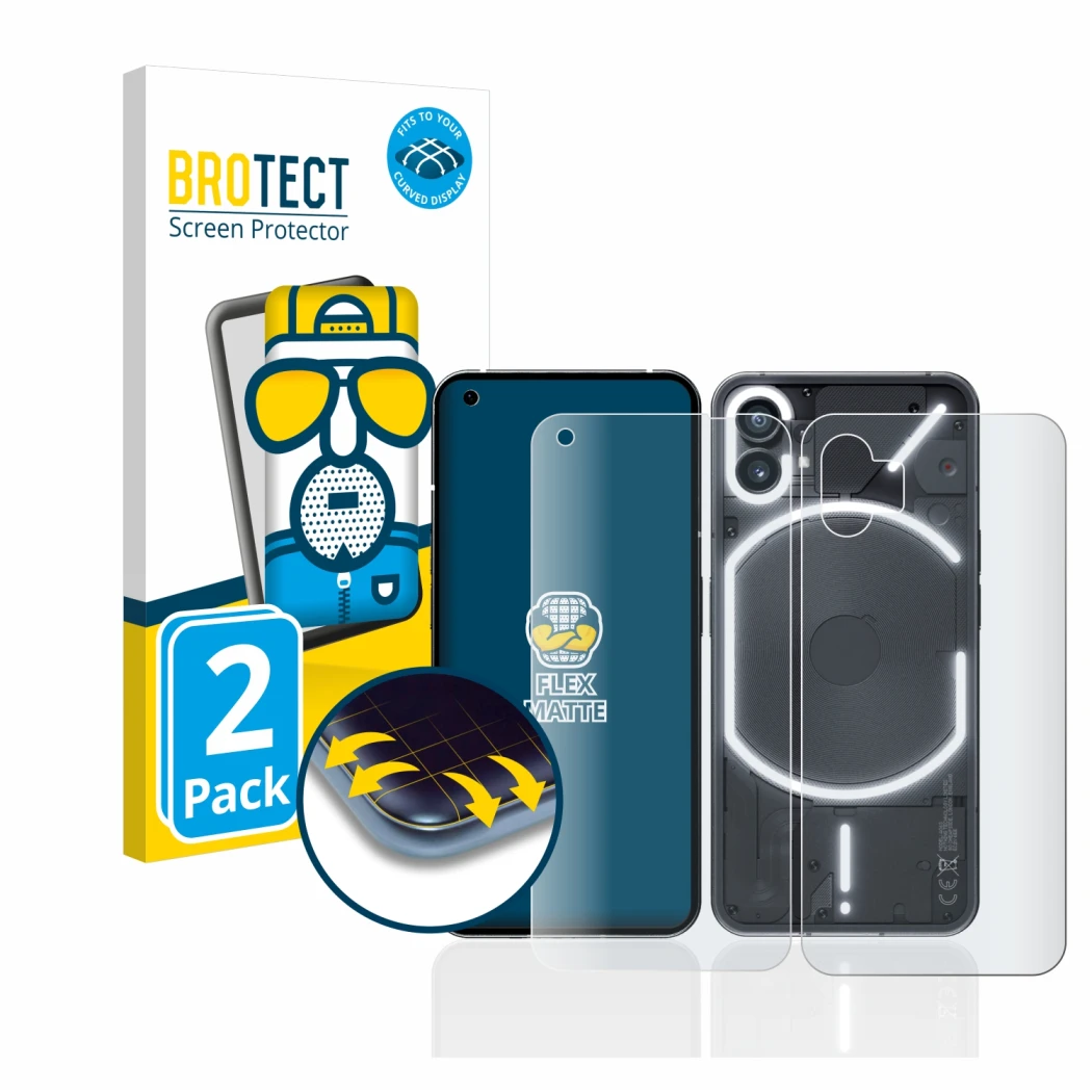 Face avant d’un emballage produit avec le logo de la marque BROTECT. À côté, l’appareil Nothing Phone (1) (Avant+Arrière) est