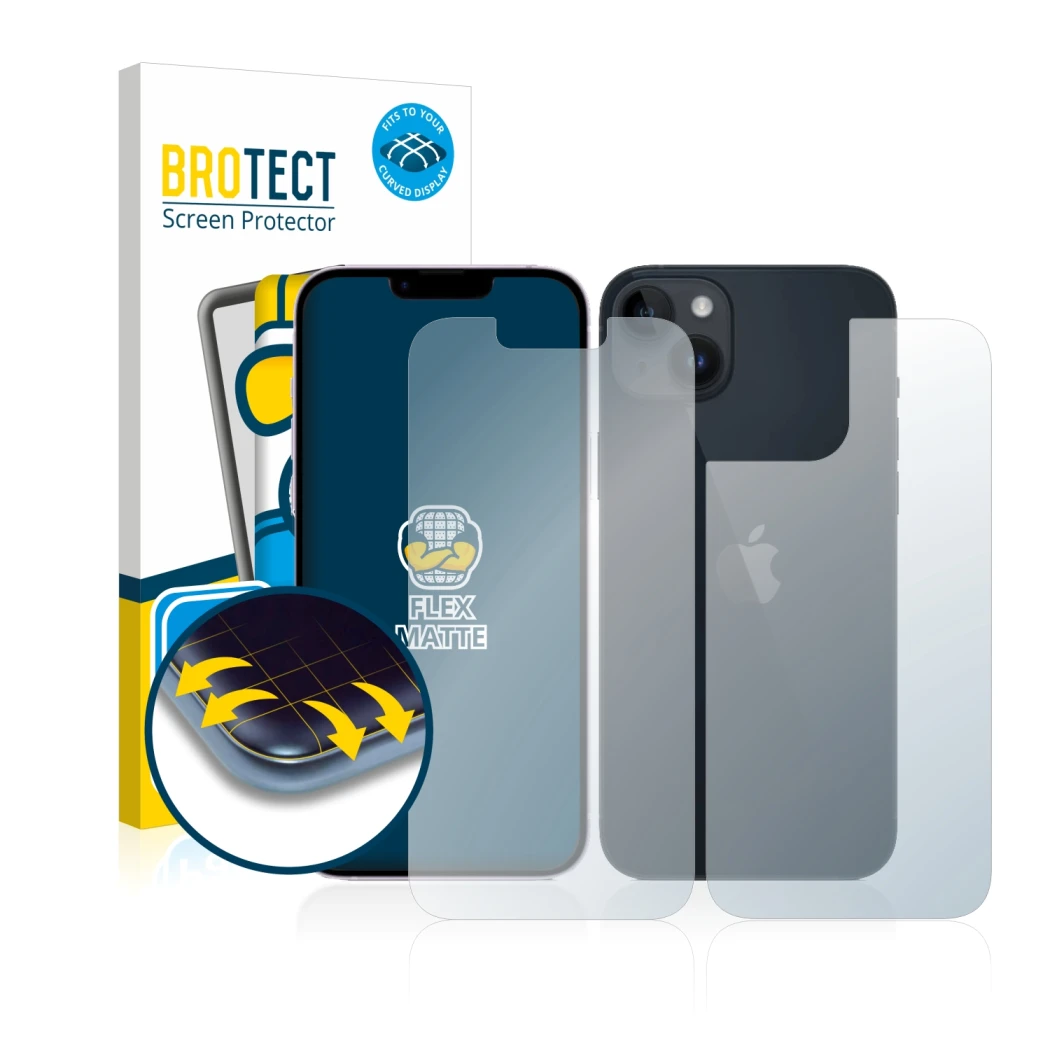 Face avant d’un emballage produit avec le logo de la marque BROTECT. À côté, l’appareil Apple iPhone 14 (Avant+Arrière) est re