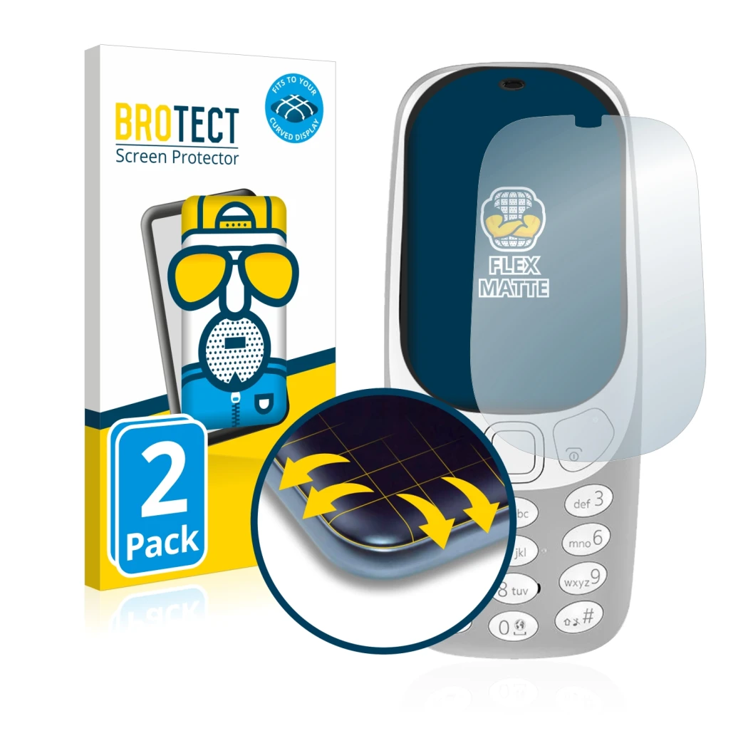 Face avant d’un emballage produit avec le logo de la marque BROTECT. À côté, l’appareil Nokia 3310 (2017) est représenté avec 