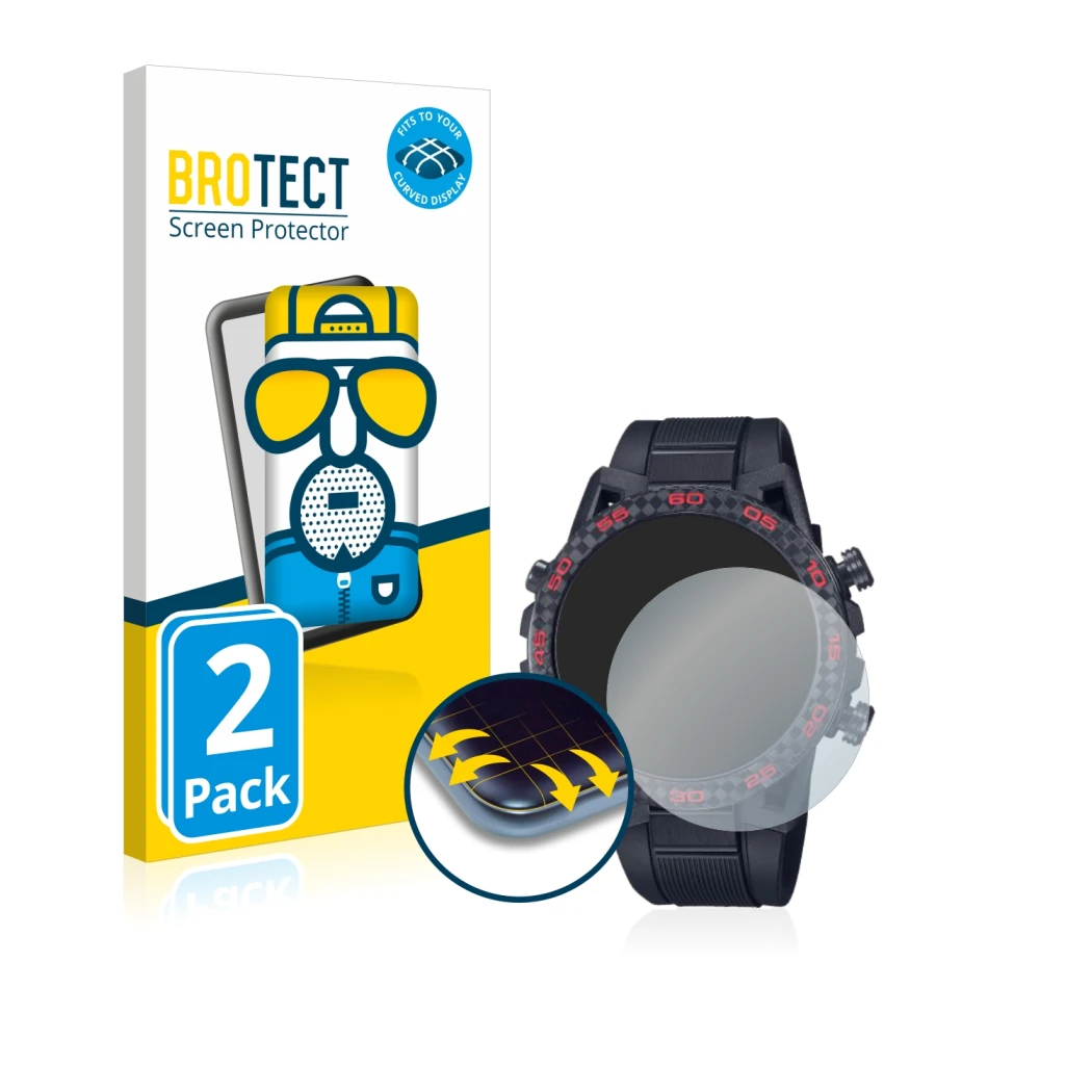 Face avant d’un emballage produit avec le logo de la marque BROTECT. À côté, l’appareil Casio Edifice ECB 2000 est représenté 