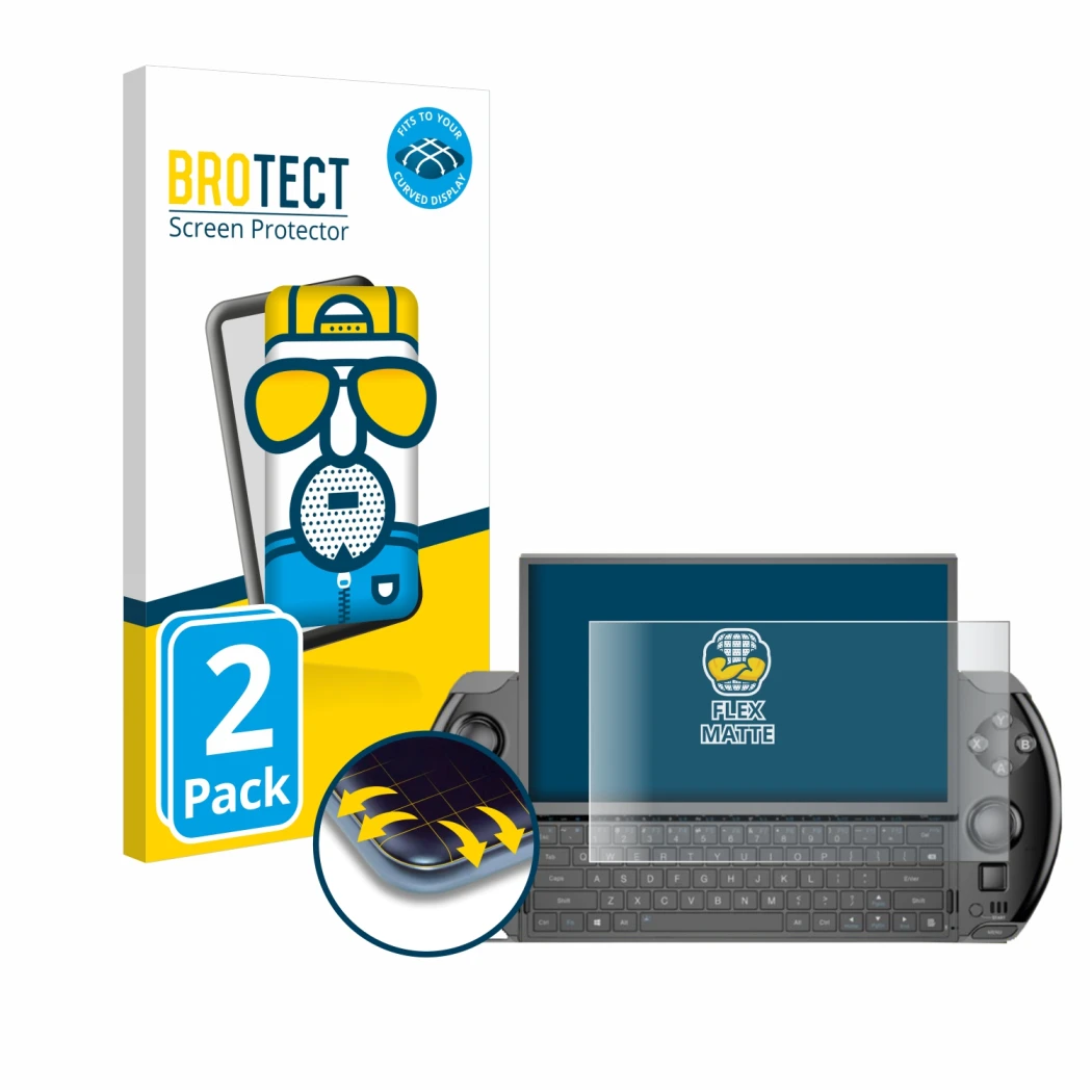 Face avant d’un emballage produit avec le logo de la marque BROTECT. À côté, l’appareil GPD Win 4 est représenté avec la prote