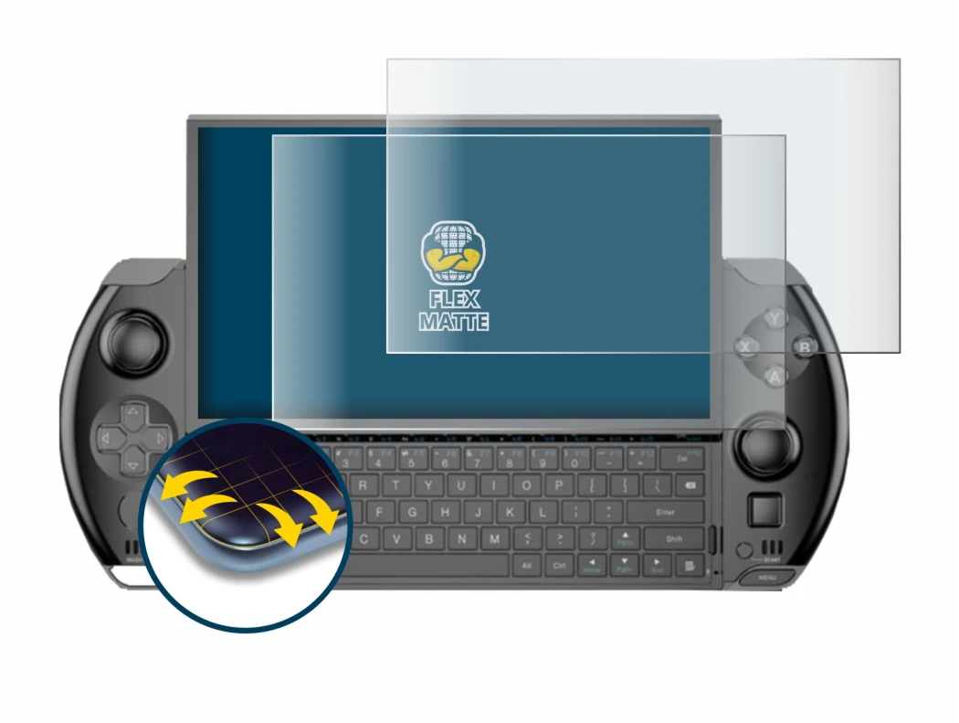 Image de l'appareil GPD Win 4 avec une grande variété de protections d'écran.