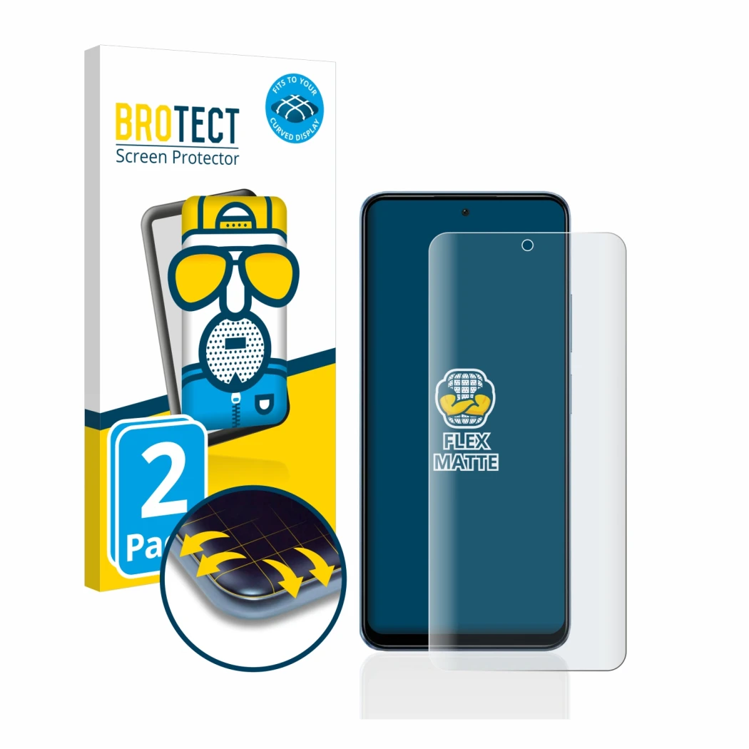 Face avant d’un emballage produit avec le logo de la marque BROTECT. À côté, l’appareil Xiaomi Redmi Note 12 est représenté av