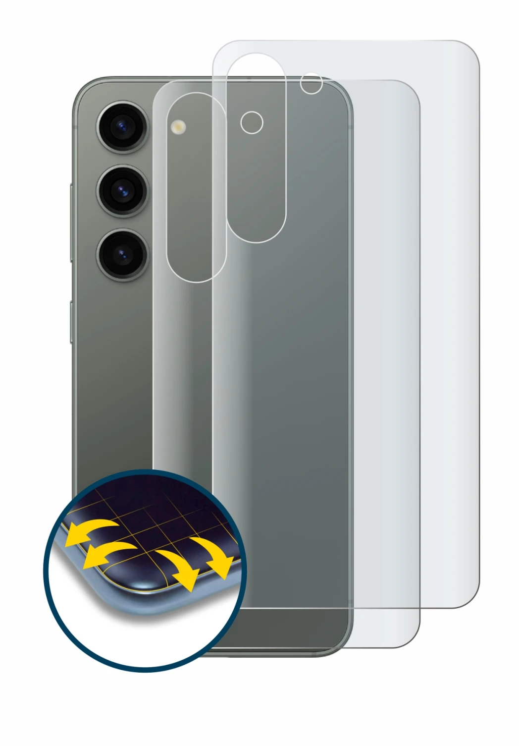 Image de l'appareil Samsung Galaxy S23 (Arrière) avec une grande variété de protections d'écran.