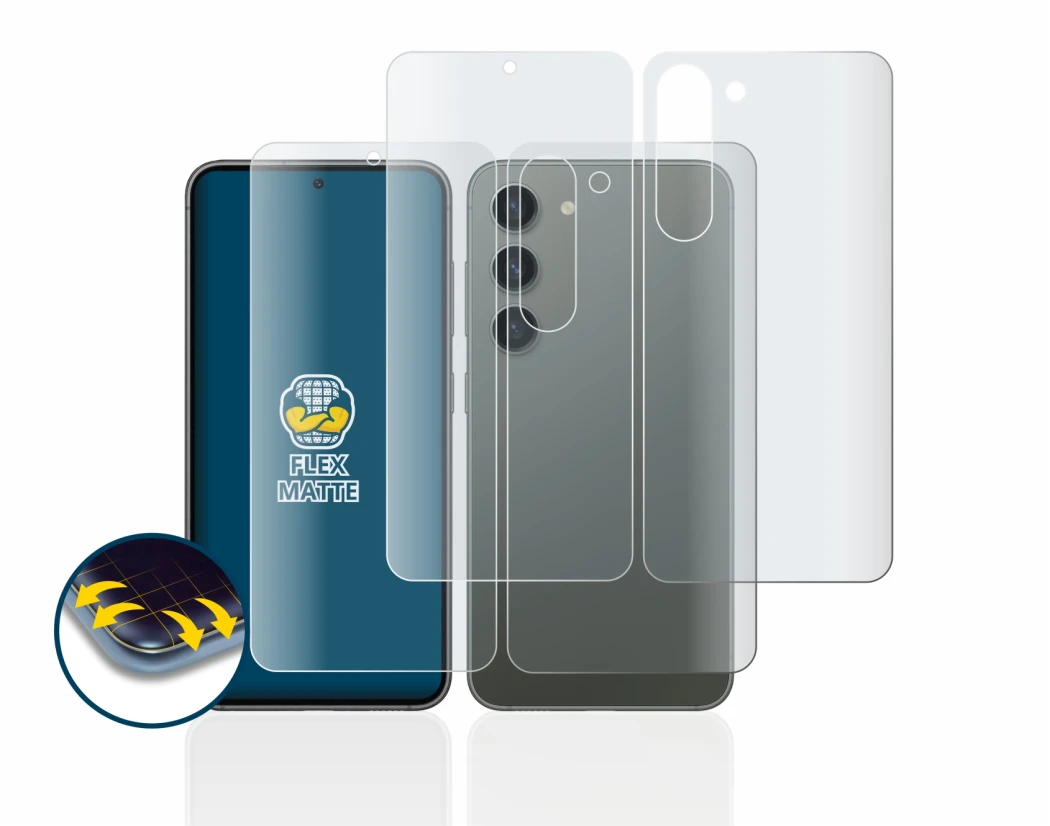 Image de l'appareil Samsung Galaxy S23 (Avant+Arrière) avec une grande variété de protections d'écran.