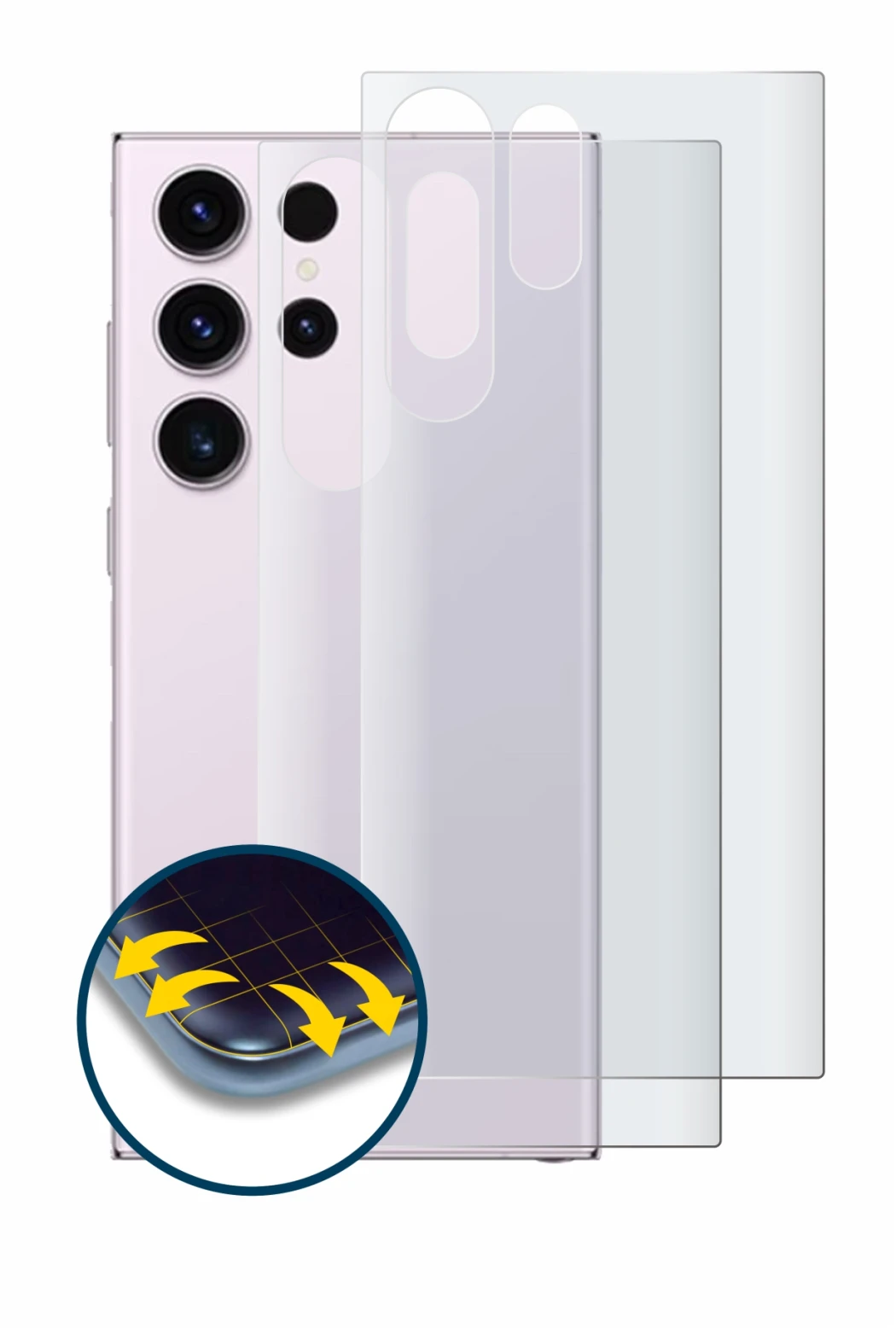 Image de l'appareil Samsung Galaxy S23 Ultra (Arrière) avec une grande variété de protections d'écran.