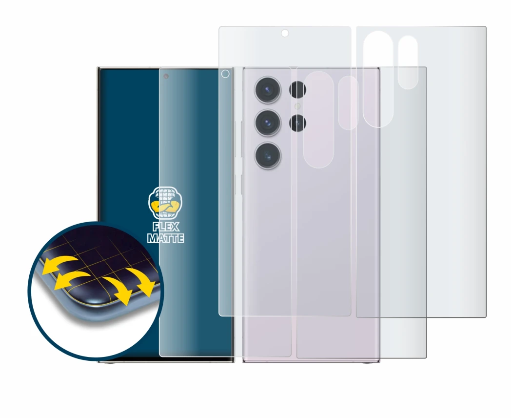 Image de l'appareil Samsung Galaxy S23 Ultra (Avant+Arrière) avec une grande variété de protections d'écran.