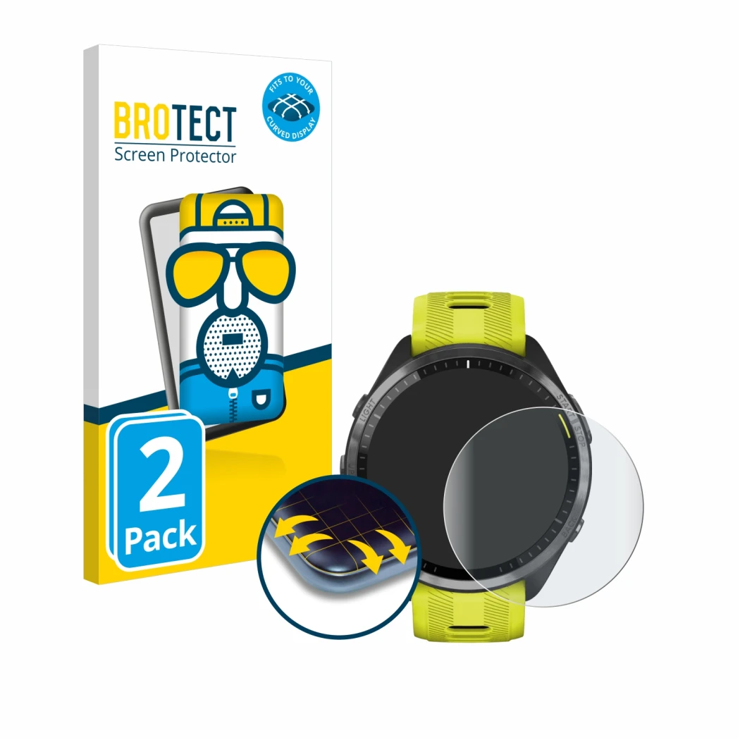 Face avant d’un emballage produit avec le logo de la marque BROTECT. À côté, l’appareil Garmin Forerunner 965 est représenté a