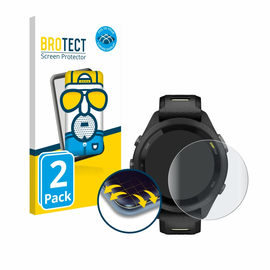 Face avant d’un emballage produit avec le logo de la marque BROTECT. À côté, l’appareil Garmin Forerunner 265S (42 mm) est rep