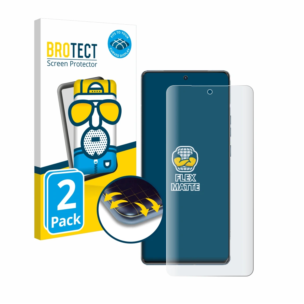 Face avant d’un emballage produit avec le logo de la marque BROTECT. À côté, l’appareil Motorola Edge 40 Pro est représenté av