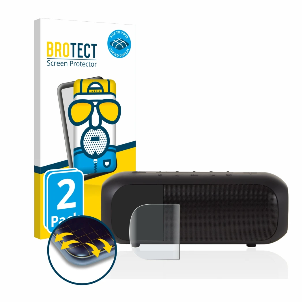 Face avant d’un emballage produit avec le logo de la marque BROTECT. À côté, l’appareil JBL Tuner 2 est représenté avec la pro