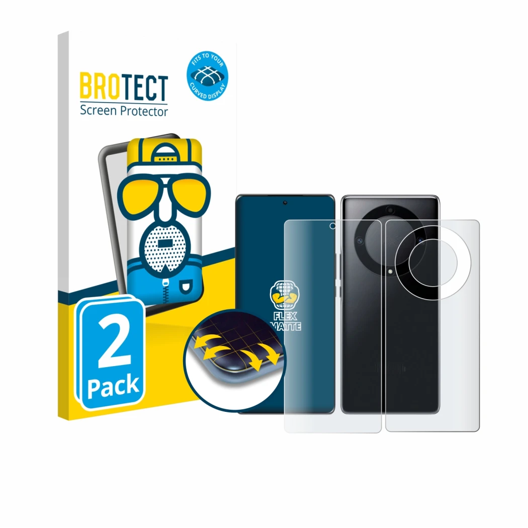 Face avant d’un emballage produit avec le logo de la marque BROTECT. À côté, l’appareil Honor Magic 5 Lite (Avant+Arrière) est