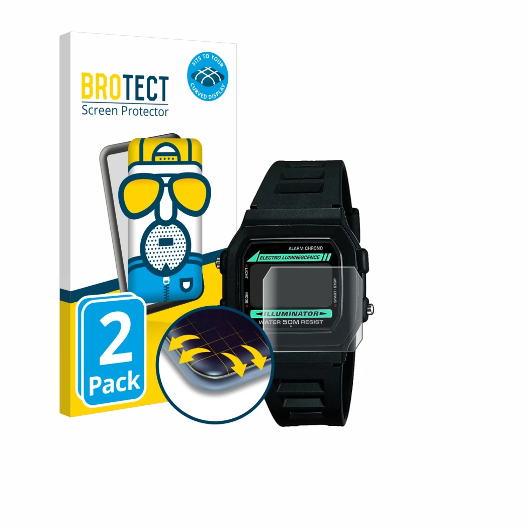 Face avant d’un emballage produit avec le logo de la marque BROTECT. À côté, l’appareil Casio W-86-1VQES est représenté avec l