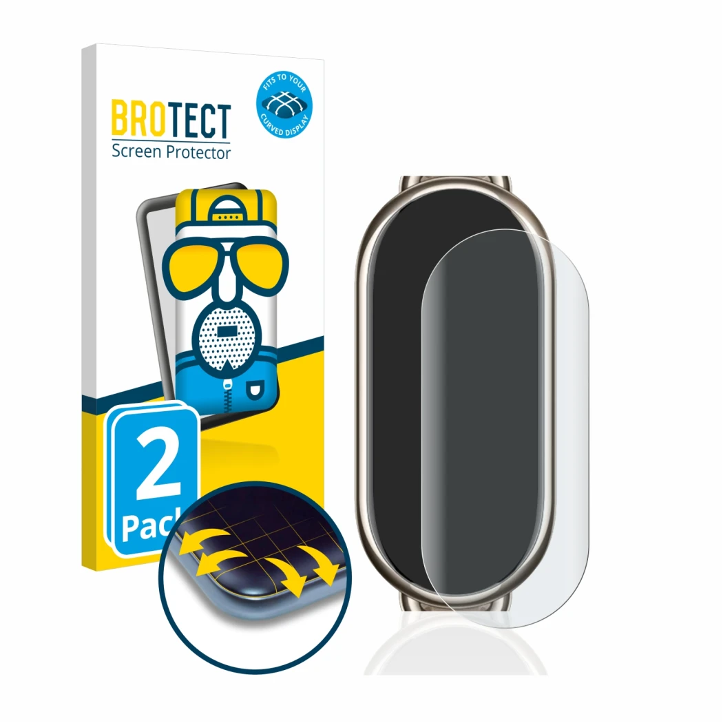 Face avant d’un emballage produit avec le logo de la marque BROTECT. À côté, l’appareil Xiaomi Mi Band 8 est représenté avec l