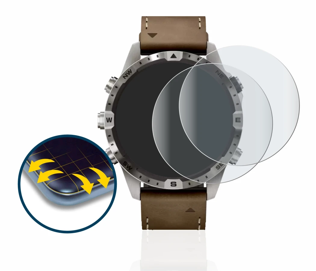 Image de l'appareil Garmin Marq Adventurer (Gen 2) avec une grande variété de protections d'écran.