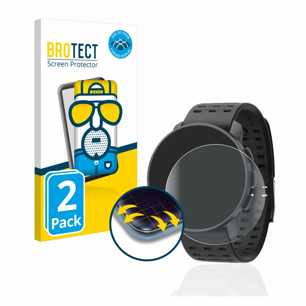 Face avant d’un emballage produit avec le logo de la marque BROTECT. À côté, l’appareil Suunto 9 Peak Pro est représenté avec