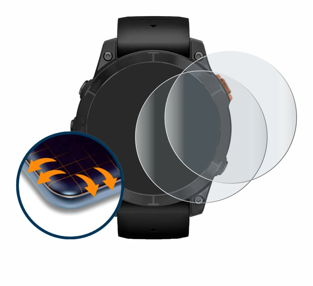 Image de l'appareil Garmin Fenix 7 Pro Solar (47 mm) avec une grande variété de protections d'écran.