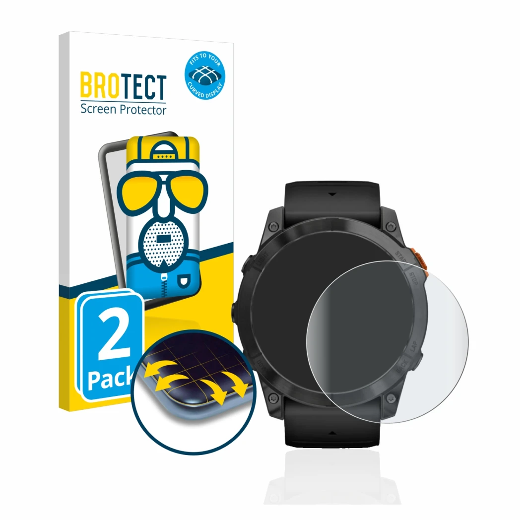 Face avant d’un emballage produit avec le logo de la marque BROTECT. À côté, l’appareil Garmin Fenix 7X Pro Solar (51 mm) est