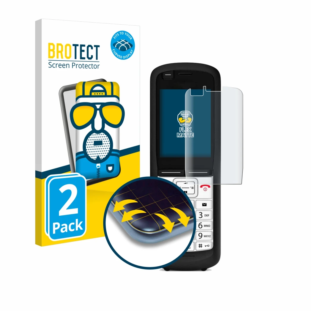 Face avant d’un emballage produit avec le logo de la marque BROTECT. À côté, l’appareil Unify OpenScape DECT Phone R6 est repr