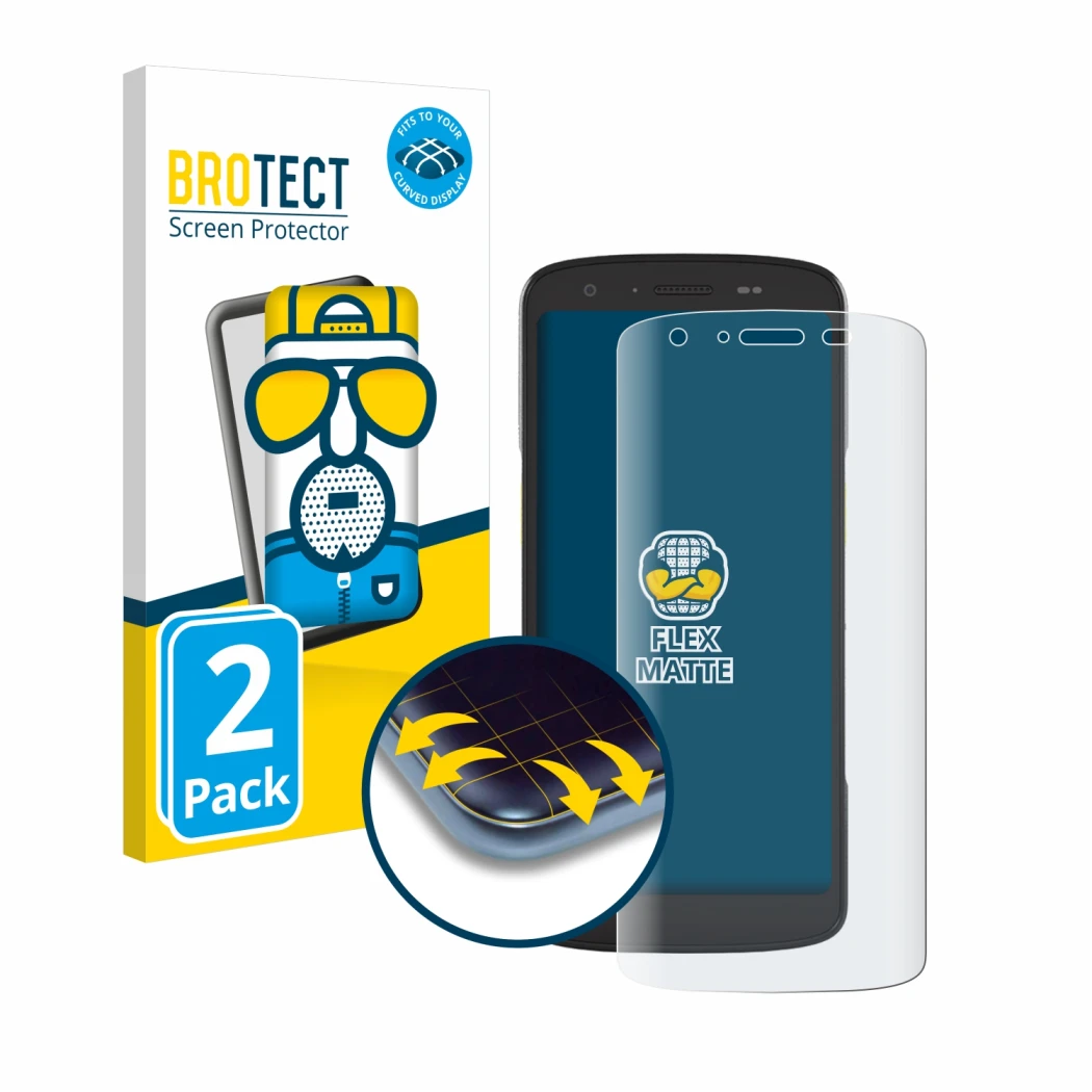 Face avant d’un emballage produit avec le logo de la marque BROTECT. À côté, l’appareil Zebra TC27 est représenté avec la prot