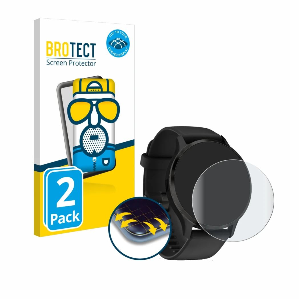 Face avant d’un emballage produit avec le logo de la marque BROTECT. À côté, l’appareil Garmin Venu 3 est représenté avec la p