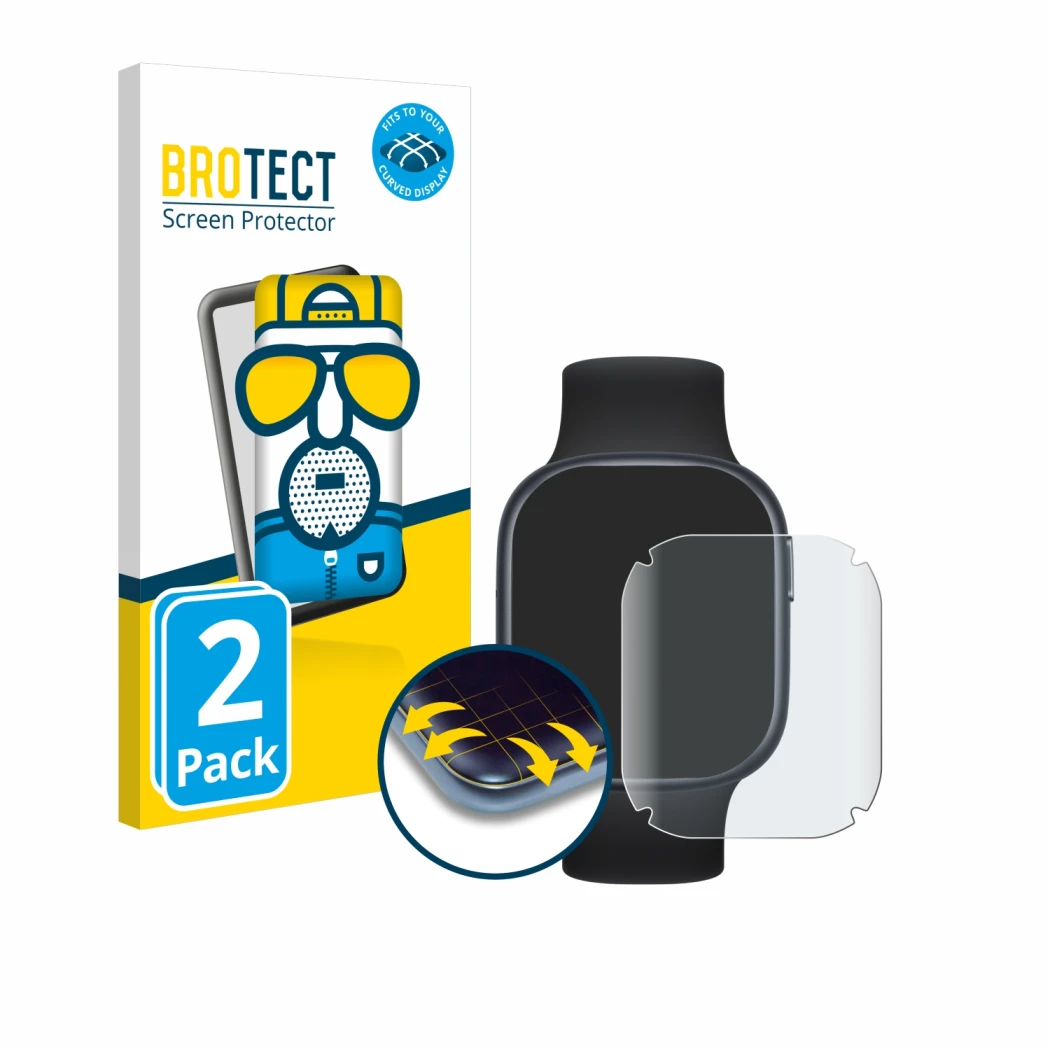 Face avant d’un emballage produit avec le logo de la marque BROTECT. À côté, l’appareil Honor Watch 4 est représenté avec la p