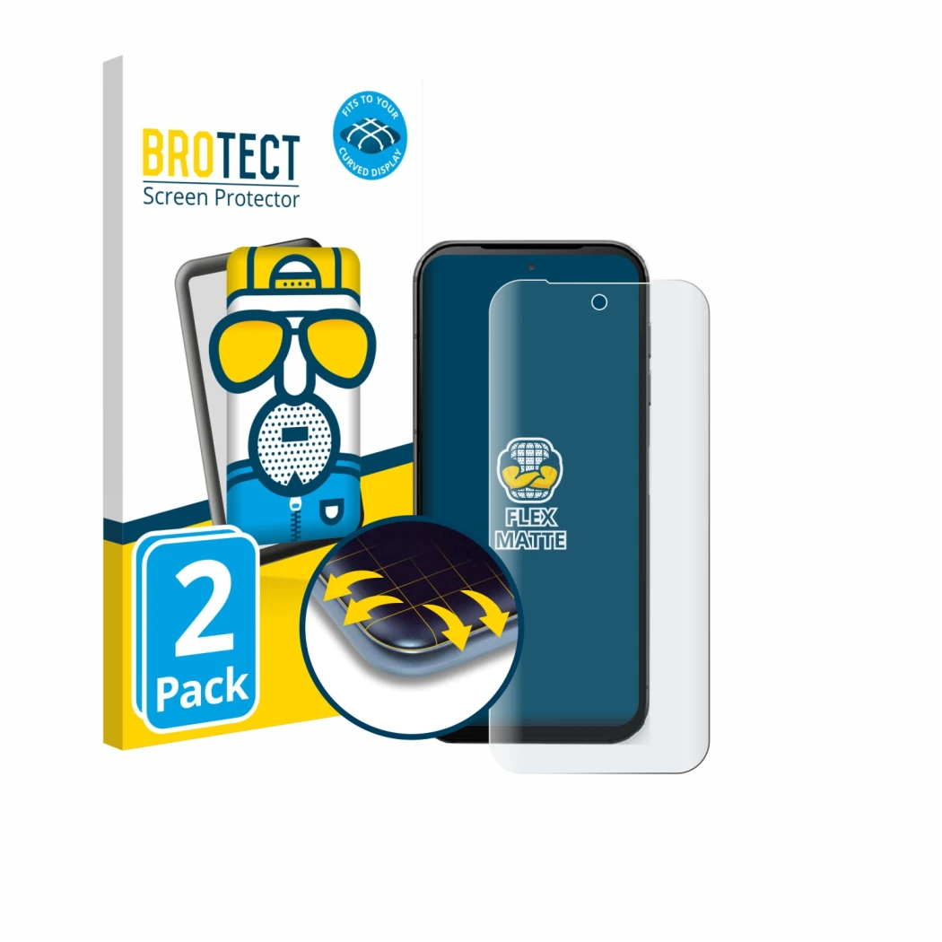 Face avant d’un emballage produit avec le logo de la marque BROTECT. À côté, l’appareil Fairphone 5 est représenté avec la pro