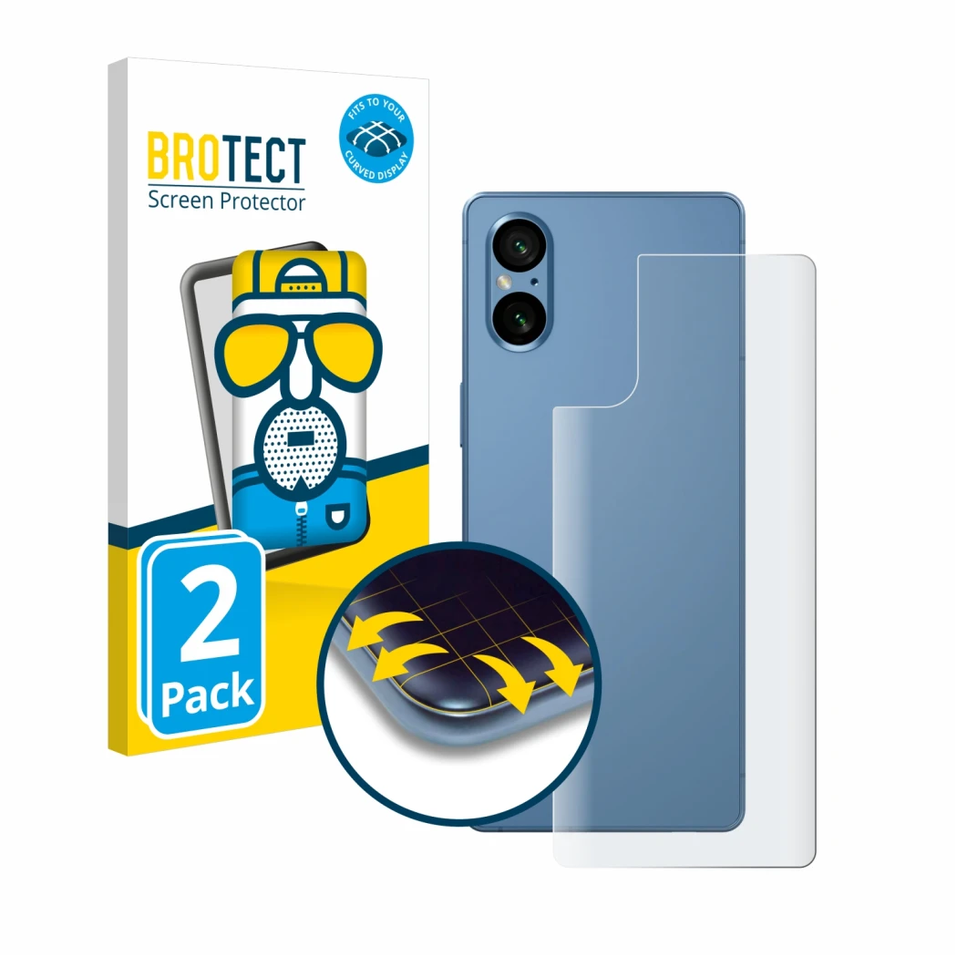 Face avant d’un emballage produit avec le logo de la marque BROTECT. À côté, l’appareil Sony Xperia 5 V (Arrière) est représen