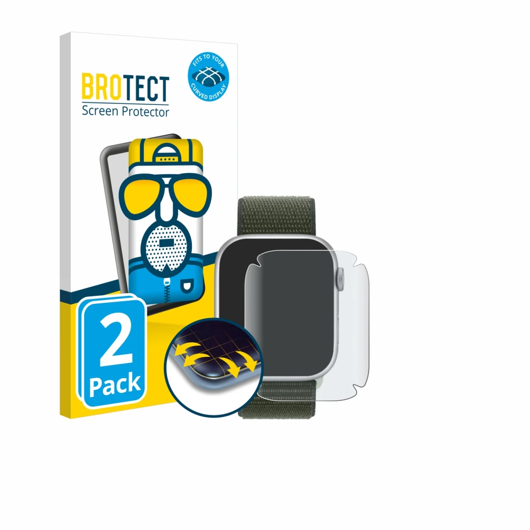 Face avant d’un emballage produit avec le logo de la marque BROTECT. À côté, l’appareil Apple Watch Series 9 (41 mm) est repré