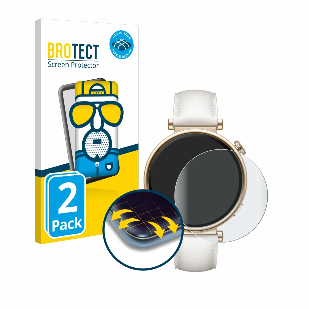 Face avant d’un emballage produit avec le logo de la marque BROTECT. À côté, l’appareil Huawei Watch GT 4 (41mm) est représent