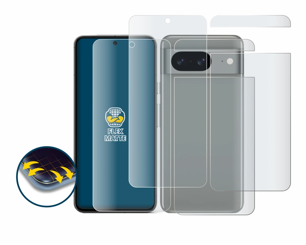 Image de l'appareil Google Pixel 8 (Avant+Arrière) avec une grande variété de protections d'écran.