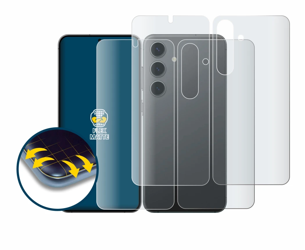 Image de l'appareil Samsung Galaxy S24 (Avant+Arrière) avec une grande variété de protections d'écran.