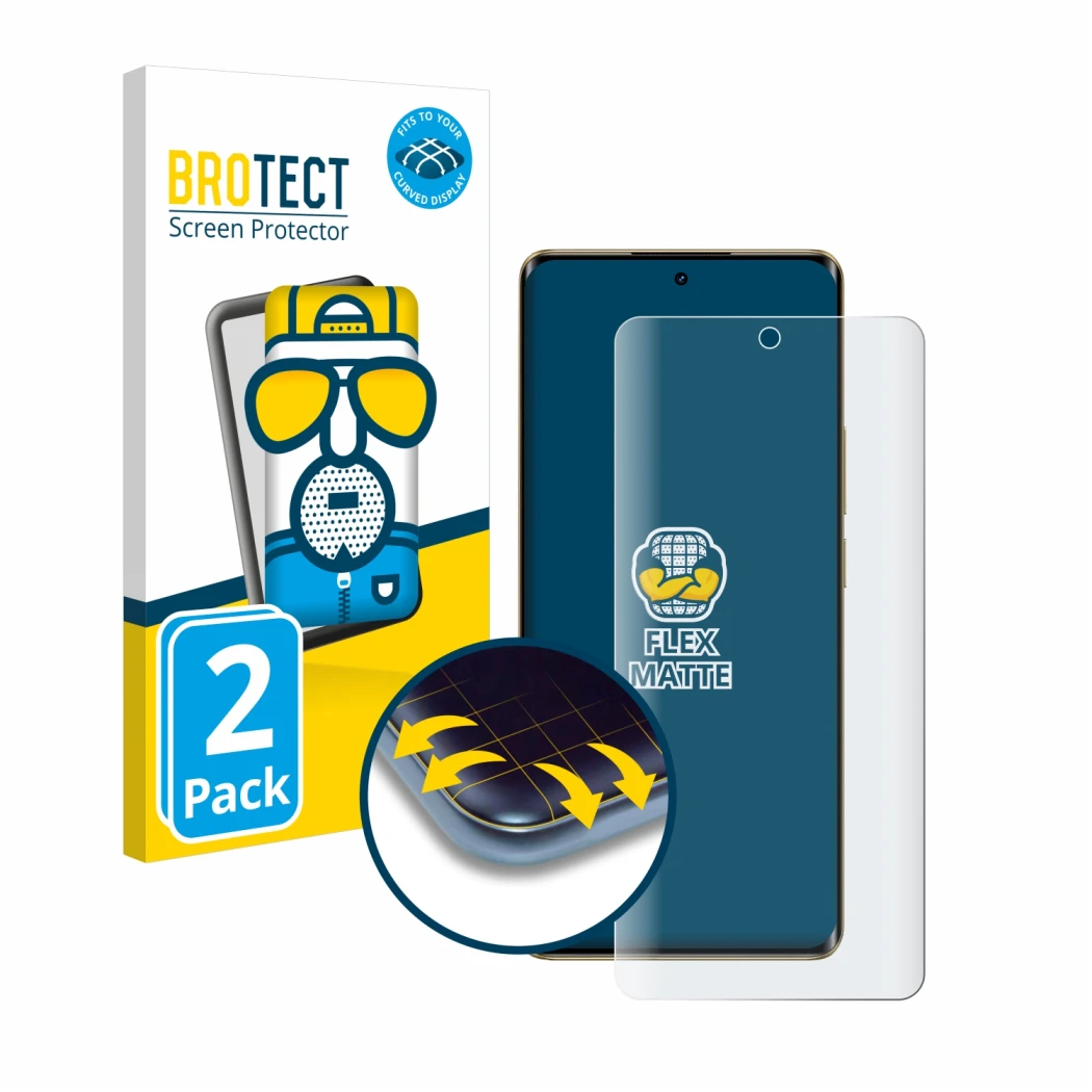 Face avant d’un emballage produit avec le logo de la marque BROTECT. À côté, l’appareil realme 12 Pro Plus est représenté avec