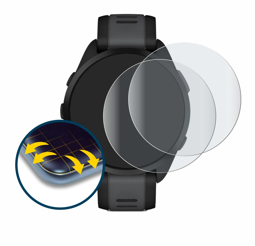 Image de l'appareil Garmin Forerunner 165 avec une grande variété de protections d'écran.