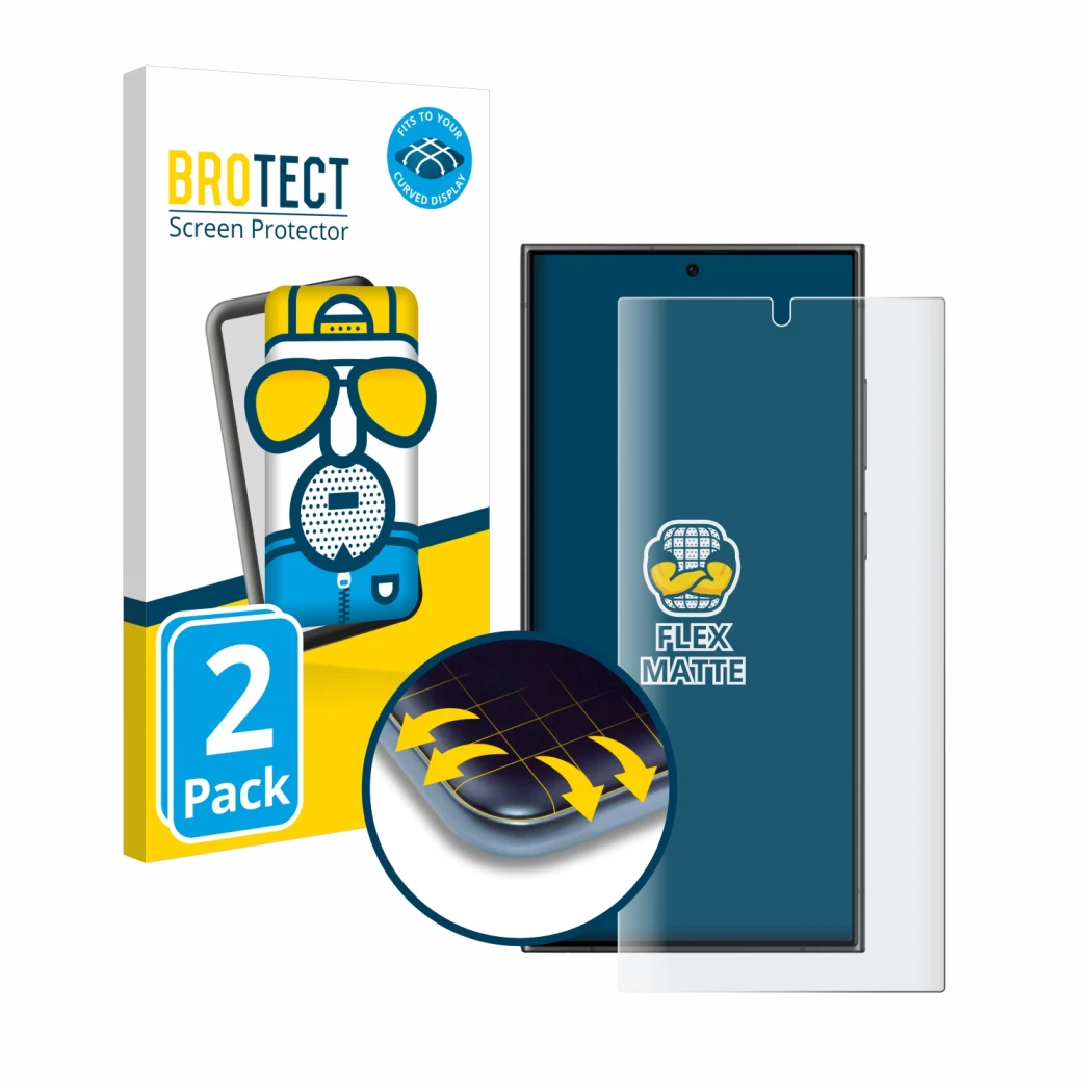 Face avant d’un emballage produit avec le logo de la marque BROTECT. À côté, l’appareil Samsung Galaxy S24 Ultra est représent