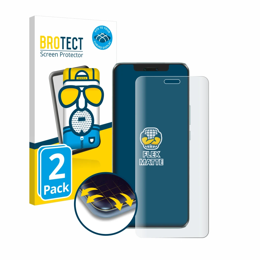 Face avant d’un emballage produit avec le logo de la marque BROTECT. À côté, l’appareil Honor Magic 6 Pro est représenté avec