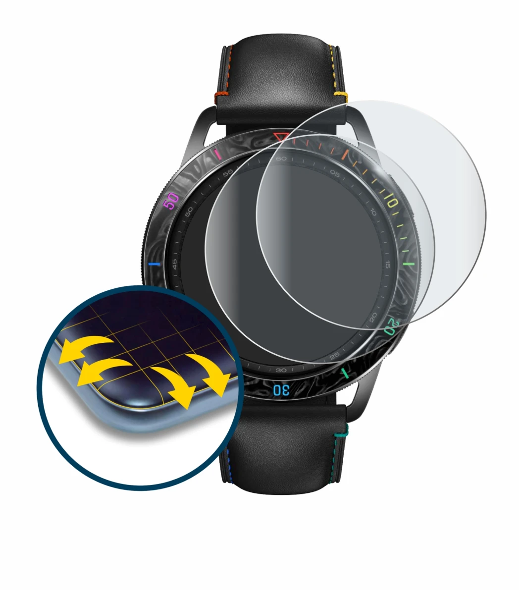 Image de l'appareil Xiaomi Watch S3 avec une grande variété de protections d'écran.