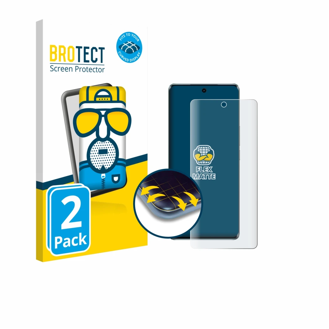 Face avant d’un emballage produit avec le logo de la marque BROTECT. À côté, l’appareil Vivo V30 Pro est représenté avec la pr