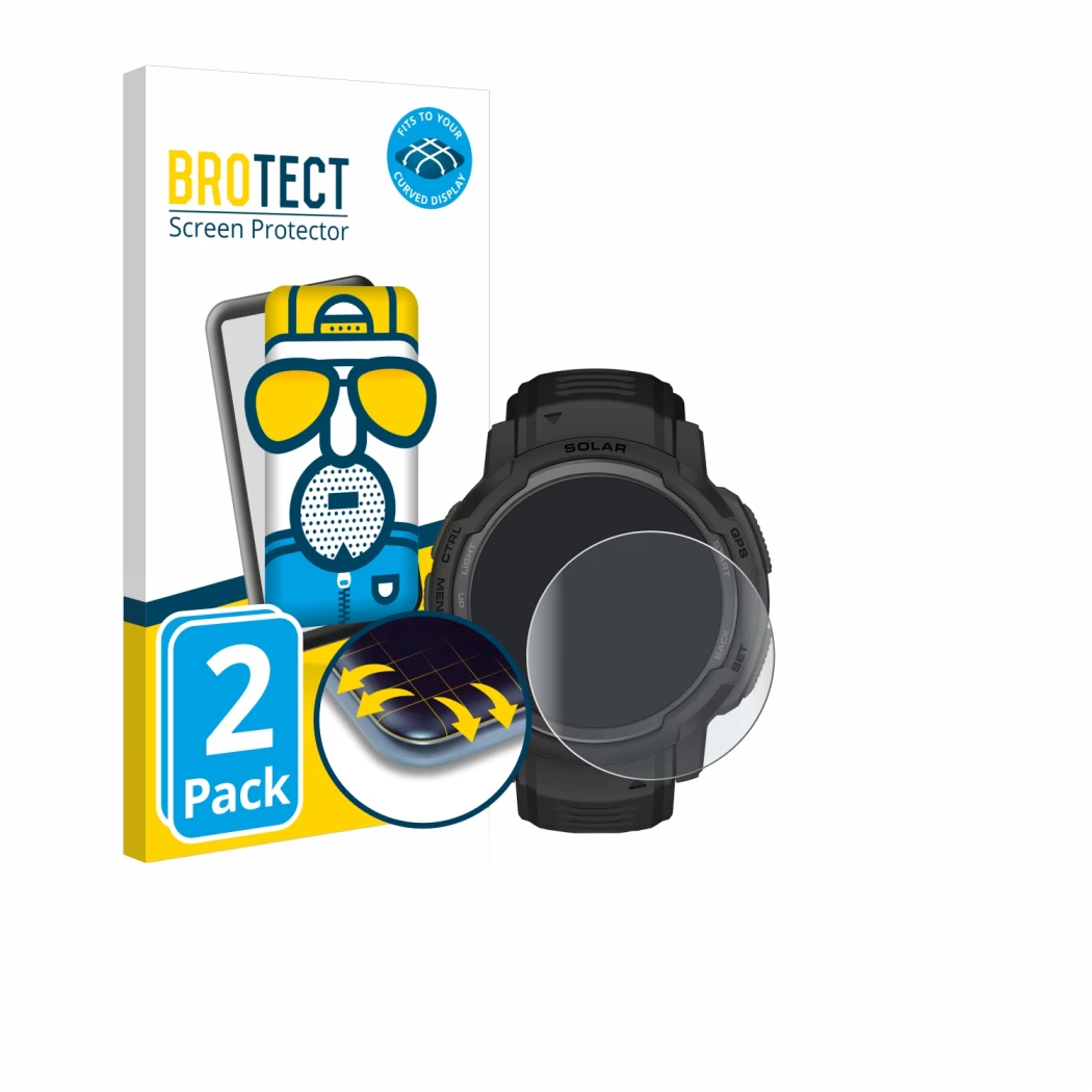Face avant d’un emballage produit avec le logo de la marque BROTECT. À côté, l’appareil Garmin Instinct Crossover Solar est re