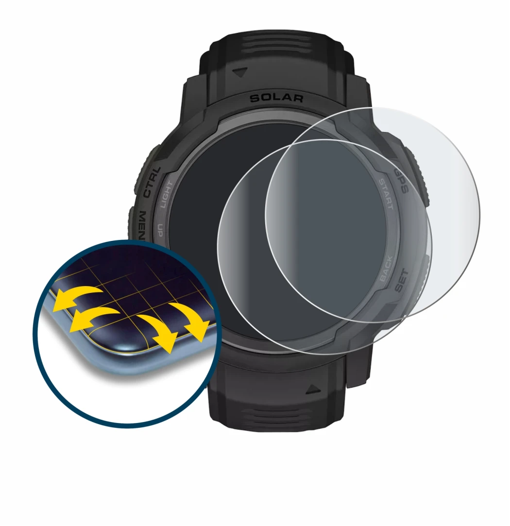 Image de l'appareil Garmin Instinct Crossover Solar avec une grande variété de protections d'écran.