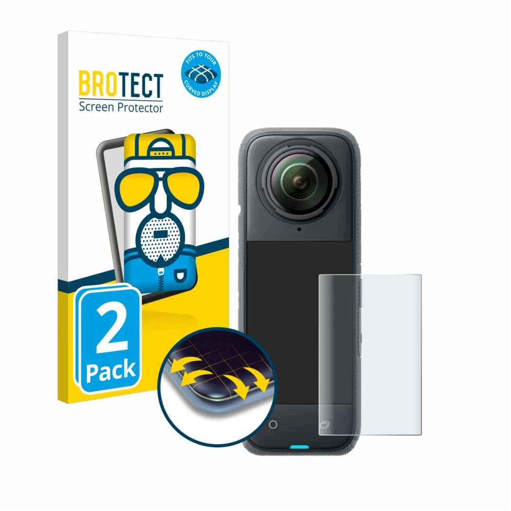 Face avant d’un emballage produit avec le logo de la marque BROTECT. À côté, l’appareil Insta360 X4 est représenté avec la pro