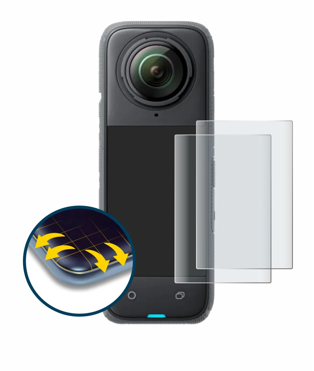 Image de l'appareil Insta360 X4 avec une grande variété de protections d'écran.