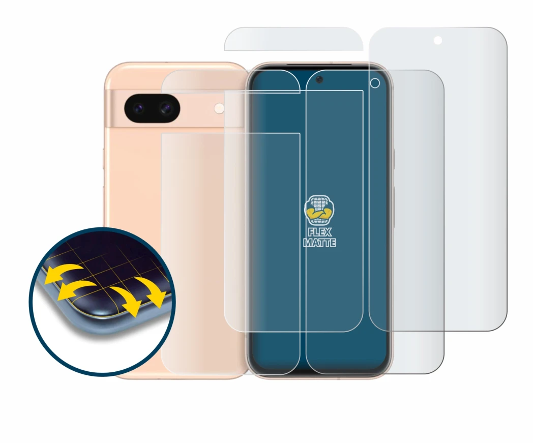 Image de l'appareil Google Pixel 8a (Avant+Arrière) avec une grande variété de protections d'écran.