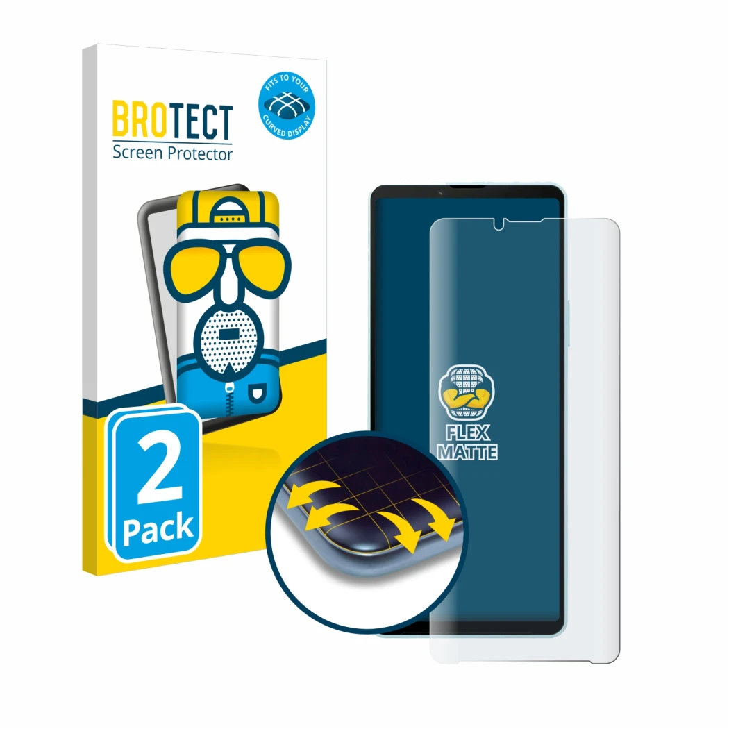 Face avant d’un emballage produit avec le logo de la marque BROTECT. À côté, l’appareil Sony Xperia 10 VI est représenté avec 