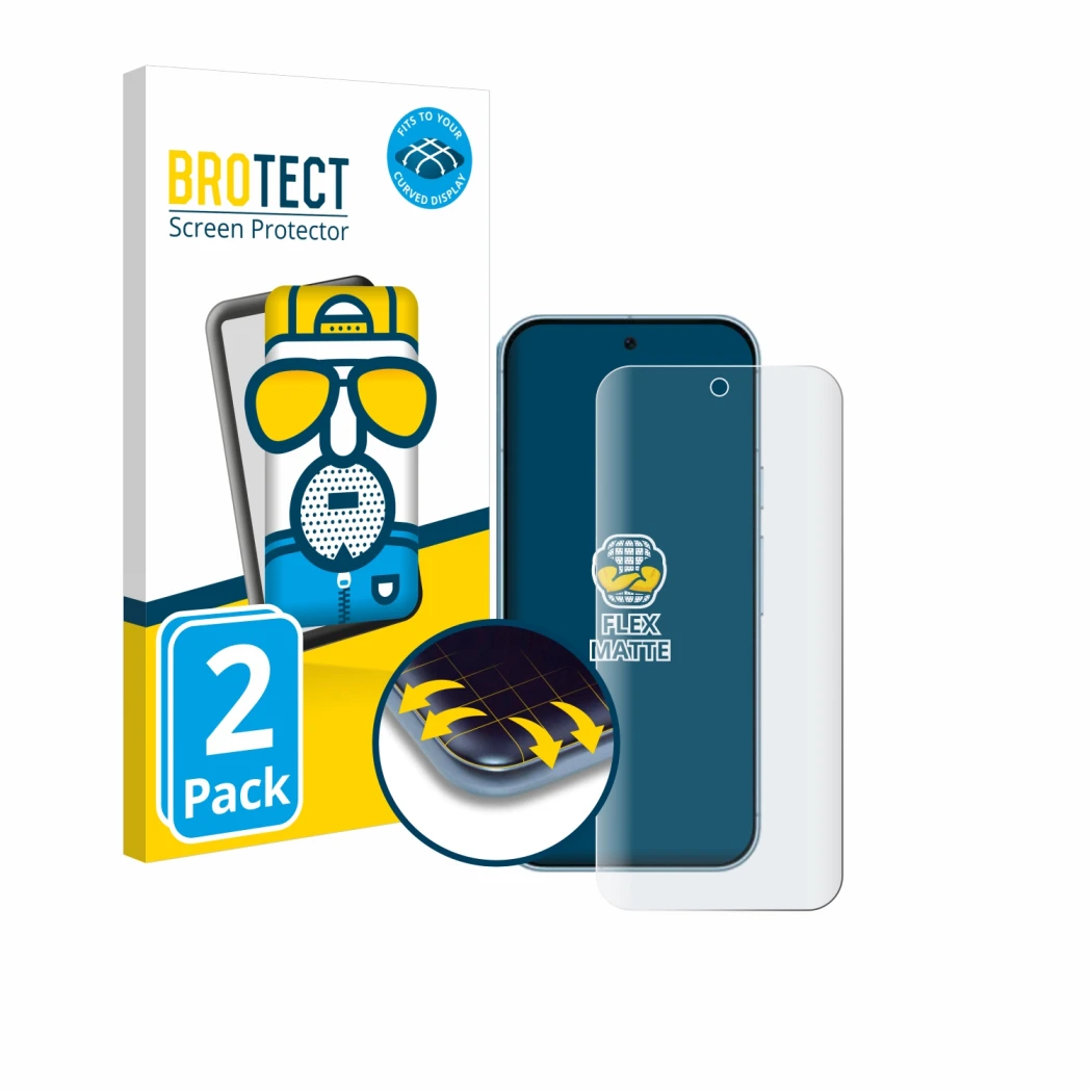 Face avant d’un emballage produit avec le logo de la marque BROTECT. À côté, l’appareil Google Pixel 9 Pro XL est représenté a