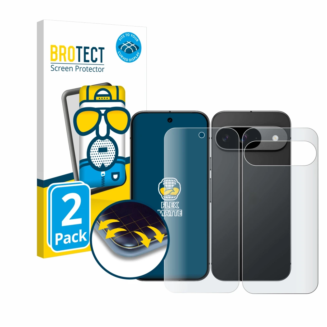 Face avant d’un emballage produit avec le logo de la marque BROTECT. À côté, l’appareil Google Pixel 9 (Avant+Arrière) est rep