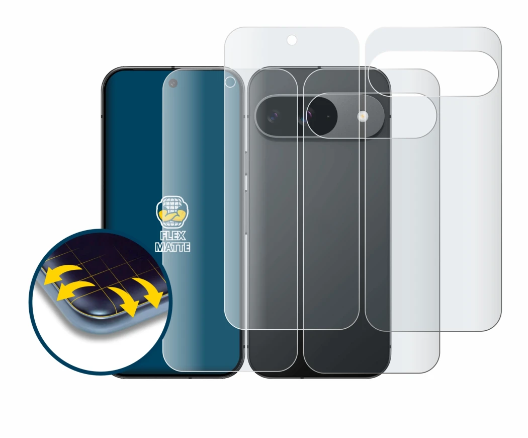 Image de l'appareil Google Pixel 9 (Avant+Arrière) avec une grande variété de protections d'écran.